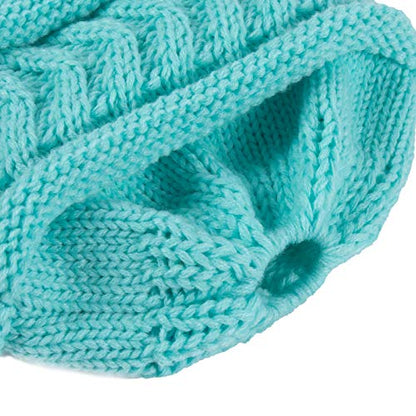 Rosoz 2 Pack Ponytail Beanie for Women,Winter Warm Beanie Tail Soft Stretch Cable Knit Messy High Bun Hat - color: 2pack-beige/Lake Blue