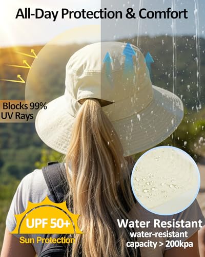 Womens Sun Hat Ponytail Packable UPF 50+ Waterproof Bucket Hat with Ponytail Hole for Beach Hiking Travel - color: Begie