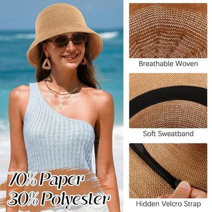 Babalet Summer Straw Beach Sun Hats for Women Packable Floppy Bucket Hat - color: Khaki