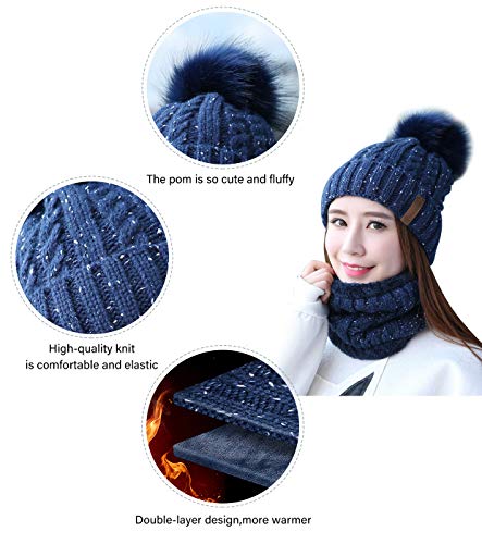 IYEBRAO Womens Winter Knit Beanie Hat and Scarf Set Girls Cute Slouchy Thick Fleece Lined Ski Hat Warm Skull Cap with Pom - color: Navy Blue