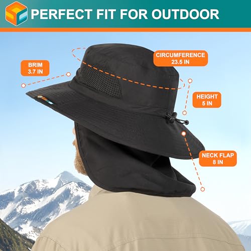 SUN CUBE Wide Brim Sun Hat for Men & Women, UPF 50+ UV Protection, Mesh Boonie Hat with Chin Strap, Fishing Hiking Hat - color: Black With Flap