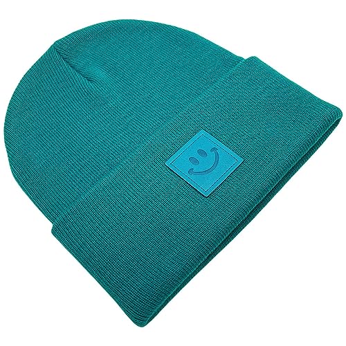 55cube Unisex Knit Cuffed Beanie Hats Warm Winter Caps with Leather Logos - color: Peacock Green