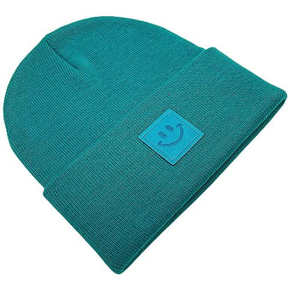 55cube Unisex Knit Cuffed Beanie Hats Warm Winter Caps with Leather Logos - color: Peacock Green