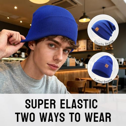 OZERO Beanie for Men and Women, Double-Layer Cuffed Knit Winter Hat - color: Blue+blue