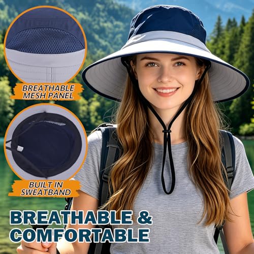 Wide Brim Sun Bucket Hat, Waterproof Boonie Hat for Men & Women - color: 02 Light Grey+navy Blue