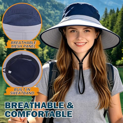 Wide Brim Sun Bucket Hat, Waterproof Boonie Hat for Men & Women - color: 02 Light Grey+navy Blue