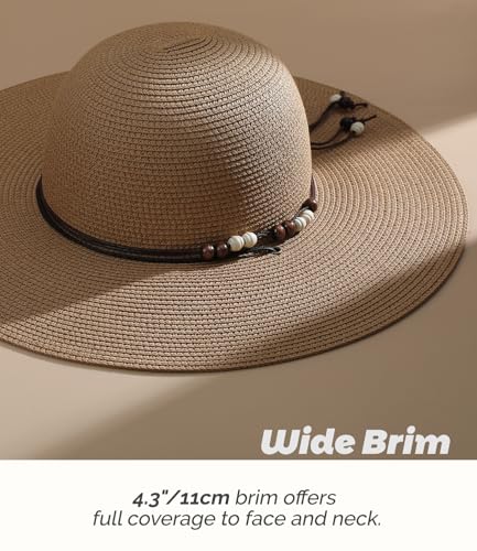 Womens Floppy Straw Sun Hat Wide Brim UPF 50 Sun Protection Packable Summer Beach Hats with Wind Lanyard - color: Khaki, size: Medium
