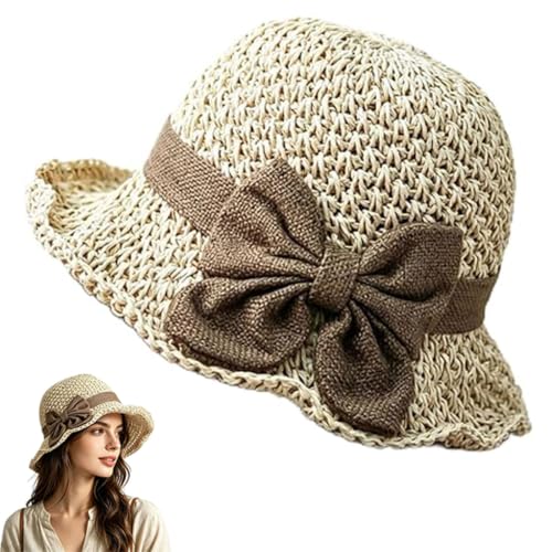 Elegant Woven Straw Sun Hat, Chic Packable Wide Brim Straw Sun Hat with Bow, Stylish Summer Beach Bucket Hat White