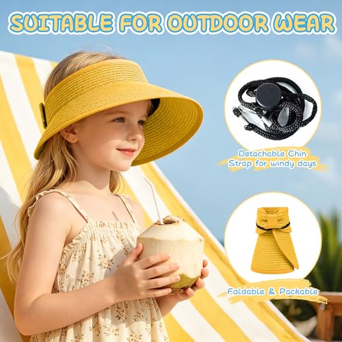 Girls Sun Visor Hat with Ponytail Hole Wide Brim Beach Straw Visor UPF 50+ - color: 1pack-yellow