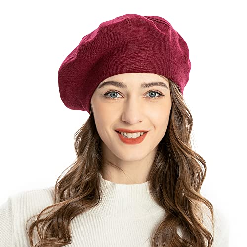 ZLYC Women French Beret Hat Reversible Solid Color Knit Warm Artist Cap - color: Burgundy