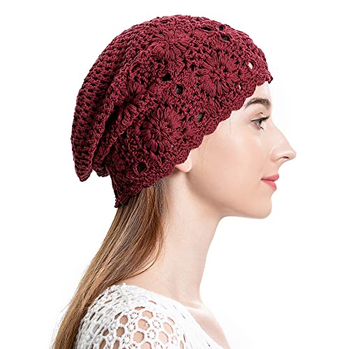 ZLYC Women Cotton Crochet Slouchy Beanie Hat Handmade Knit Summer Skull Cap - color: Burgundy Red