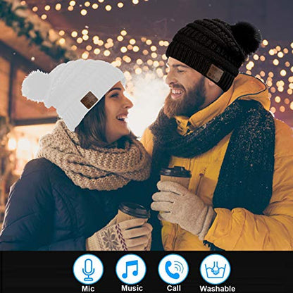 Wireless Music Beanie Women Beanie Girls Hat Over Ear Headset Sports Stereo Headphone with Microphone Speaker Womens Beanie Cap Snow White - color: Snow White