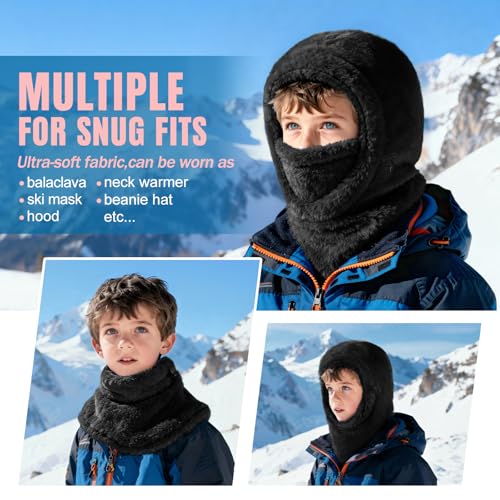 Ski Mask Kids Balaclava, Winter Ski Face Mask Cover, Fleece Hats for Kids - color: Black