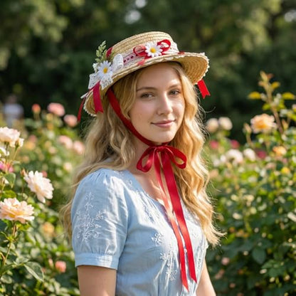 Victorian Tea Party Sun Hat, Wide Brim Straw Flat Cap - color: Red