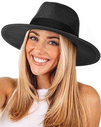 FURTALK Womens Mens Wide Brim Straw Panama Hat Fedora Summer Beach Sun Hat - color: Black, size: Medium-Large