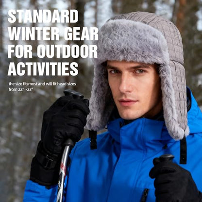 Winter Hat for Men Women Trapper Hat with Ear Flaps, Windproof Russian Trooper Hat for Cold Weather Hunting Skiing - color: Grey