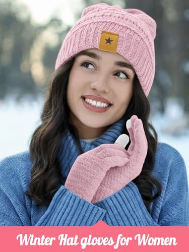 JaGely 6 Pcs Women Winter Beanie Hat Gloves Set Warm Knitted Hats and Touchscreen Gloves Lady Cold Winter Gifts for Christmas - color: White, Pink and Purple