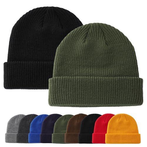 Connectyle 2 Pack Classic Cuffed Beanie Hat for Men & Women Warm Winter Knit Hat Thick Beanies Skull Cap Acrylic Watch Cap - color: Black+army Green