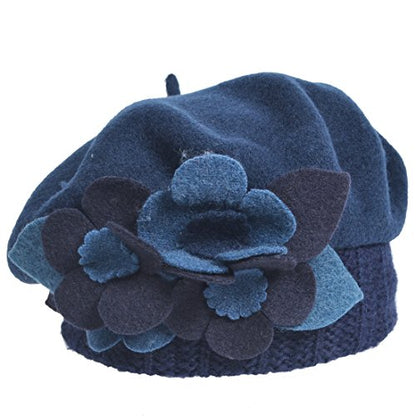 VECRY Lady French Beret 100% Wool Beret Floral Dress Beanie Winter Hat - color: Floral-navy