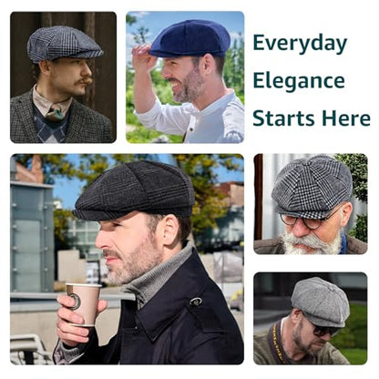 Mens Newsboy Cap High Woolen Tweed Gatsby Hat Ivy Cabbie Flat Golf Cap for Fathers Women Unisex - color: Blue, size: 7-7 1/8