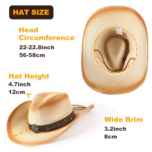 AQOKKA Straw Cowboy Hats for Women Men Western Cowgirl Hats with Shapeable Brim Woven Hollow Out Unisex Beach Roll Up Caps - color: Spray-painted Cowboy Hats : Beige+khaki
