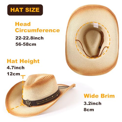 AQOKKA Straw Cowboy Hats for Women Men Western Cowgirl Hats with Shapeable Brim Woven Hollow Out Unisex Beach Roll Up Caps - color: Spray-painted Cowboy Hats : Beige+khaki
