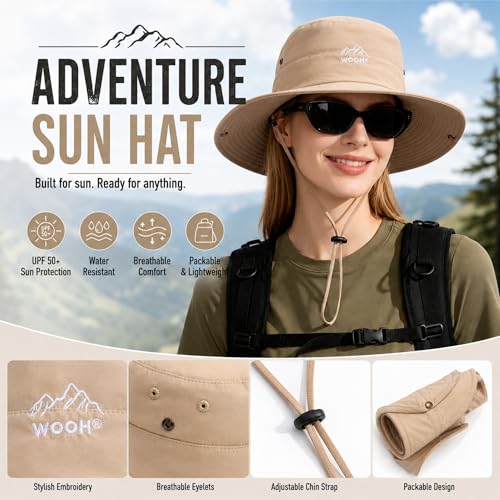 WOOH Sun Hats for Women,UPF80+ Wide Brim Foldable Bucket Hat with Adjustable Chin Strap,Summer Hat for Beach Hiking Gardening - color: Khaki