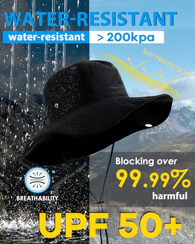 Wide Brim Waterproof Bucket Rain Hat for Women Men UPF50+ Cowboy Sun Hat - color: Black