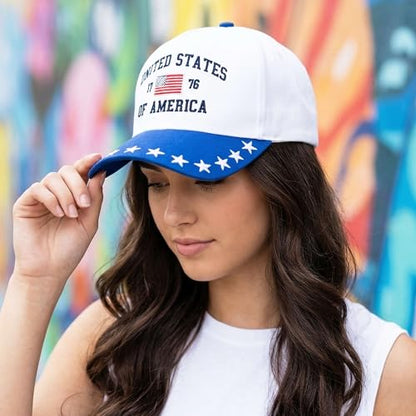 D&Y Retro 2-Tone Canvas Baseball Cap for Women - Funny Embroidered Distressed Snapback, Adjustable Cotton Dad Hat - color: 1776 Usa-blue