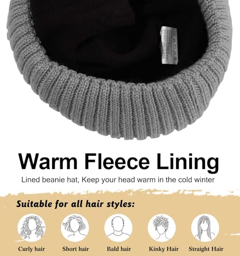 ZTL M/L/XL/XXL Merino Wool Beanie for Men Women, Fleece Lined Large Winter Hat, Big Knitted Cuffed Beanie Ski Skull Cap - color: Grey, size: Medium-Large
