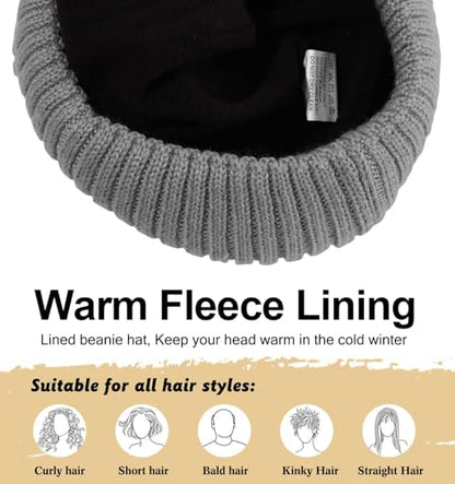 ZTL M/L/XL/XXL Merino Wool Beanie for Men Women, Fleece Lined Large Winter Hat, Big Knitted Cuffed Beanie Ski Skull Cap - color: Grey, size: Medium-Large