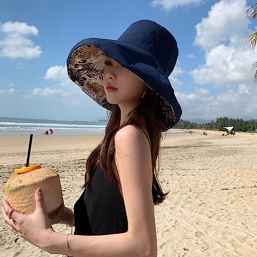 HUAMULAN Women Summer Vacation Wide Brim Sun Hat Reversible Fishing Hats - color: Navy