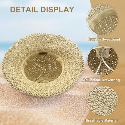 Woven Straw Hat for Women Foldable Summer Beach Hat Wide Brim Floppy Bucket Hat - color: Khaki