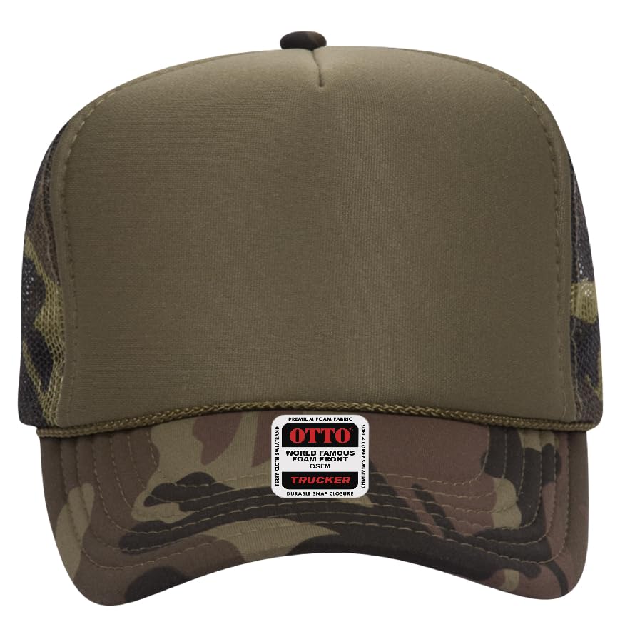 Otto Cap 5-Panel High Crown Mesh Back Trucker Hat - color: Camo/Olive Front
