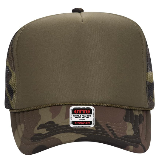 Otto Cap 5-Panel High Crown Mesh Back Trucker Hat - color: Camo/Olive Front