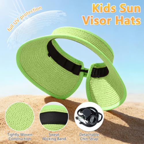ZOORON Girls Straw Sun Visor Hat, Wide Brim Ponytail Beach Hat with Bow - color: Apple Green