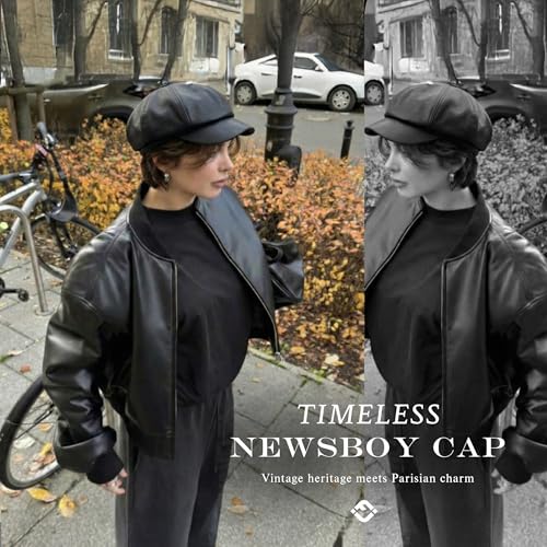 Funky Junque Women's Newsboy Cabbie Cap, Vintage Baker Boy Hat - color: Faux Leather - Black
