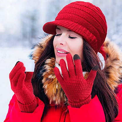Kenning 4 Sets Winter Hat Gloves Women, Knit Beanie with Brim Touchscreen