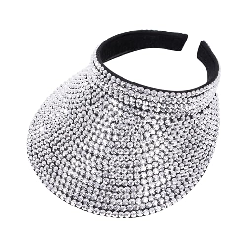Haoohu Shiny Rhinestones Clip On Sport Sun Visor Hat for Women Men Outdoor Adjustable Wide Brim Summer Cap - color: Silver