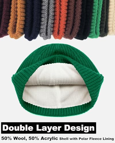 Short Fisherman Beanie for Men Women Wool Fleece Lined Winter Hat - color: 1pcs-kelly Green