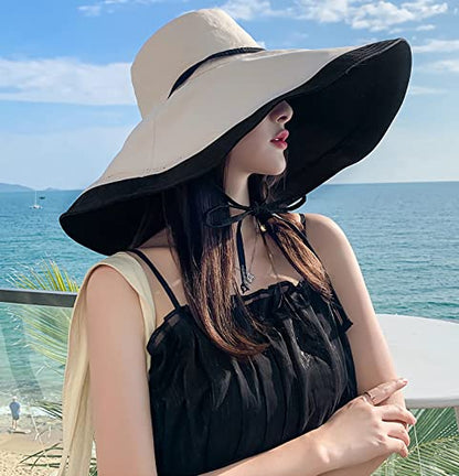 HUAMULAN Women Summer Vacation Wide Brim Sun Hat Reversible Fishing Hats - color: Blackbeige