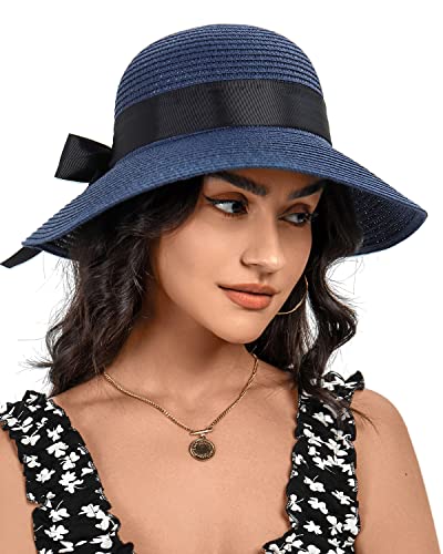 Sun Straw Hat for Women with Wind Lanyard Wide Brim Foldable Beach Summer Hats Womens UV 50+ Protection Bowknot Cap - color: Navy Blue
