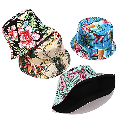 Unisex Print Double-Side-Wear Reversible Bucket Hat - color: Flower Khaki