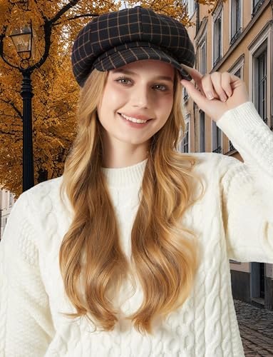 FEOYA Women Newsboy Hat Plaid Cabbie Caps Cotton Casual Stylish Beret Cap Paperboy Hats - color: Plaid-black
