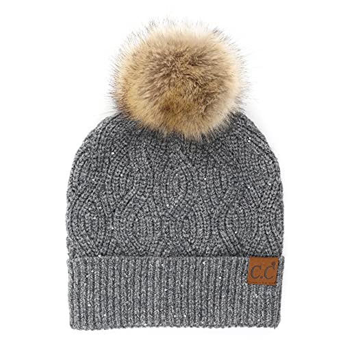 C.C Hatsandscarf Exclusives Unisex Solid Ribbed Beanie with Pom (HAT-43) - color: A Brioche Cable Pattern-heather Grey