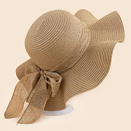 Women Floppy Sun Hat with Wide Brim, Foldable Roll-Up Straw Beach Hat Summer Hat for Travel - color: Khaki
