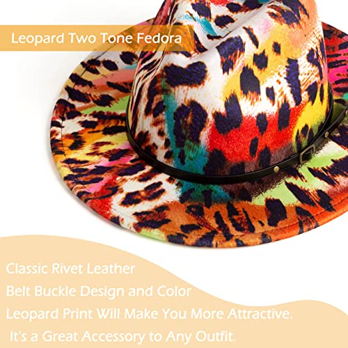 Women Two Tone Wide Brim Fedora Felt Panama Hat - color: Color Leopard/Black