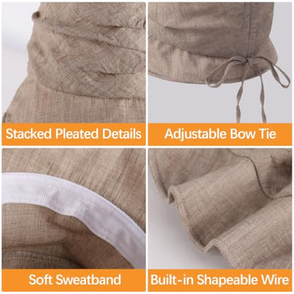 Linen Blend Ruched Bucket Hat Ultra-Light Breathable Sun Hat - color: Oatmeal