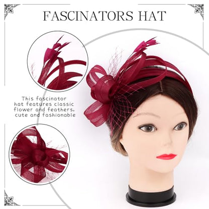 Fascinators Hats for Women, Fascinator Headband Tea Party Hat - color: Wine Red