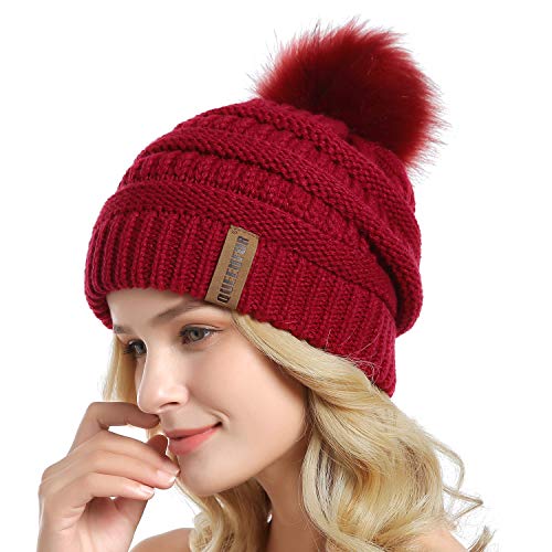 Women Knit Slouchy Beanie Chunky Baggy Hat with Faux Fur Pompom Winter Soft Warm Ski Cap - color: E2-red
